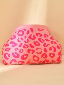 Leopard Print Clutch Bag, Contrast Color Knitted Wristlet, Spacious And Stylish Handbag