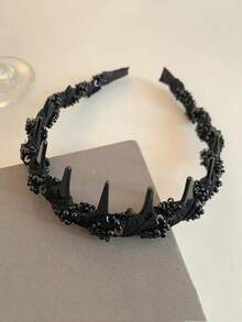 Rhinestone Teeth Decor Non-Slip Handmade Beaded Criss Cross Headband, Fluffy Topknot Headpiece, Lightweight Luxury Women Versatile Accessory, Hair Band, Hair Hoop, Zig Zag Headband, Black, Hair Accessories Head Accessories Hairband - Black - View 8