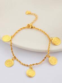 1pc Fashionable Coin Anklet For Women, 18K Gold Plated Copper, Suitable For Beach, Party, Holiday Gift, Daily Wear