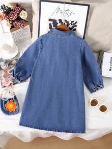 [乡村风] 小女孩秋季翻领衬衫裙，荷叶边下摆牛仔背带裙 - 藍色 - 查看 2