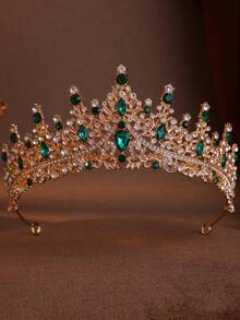 4-Piece Elegant Baroque Water Drop Rhinestone Crown Necklace And Earrings Set, Suitable For Weddings And Events - 綠色 - 查看 3