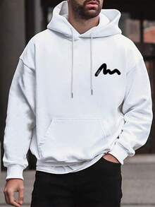 男士休闲街头风日常字母印花口袋抽绳连帽衫，保暖内衬，秋冬季长袖上衣 - 白色 - 查看 6