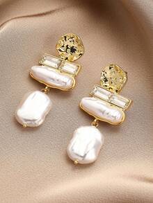 2pcs Asymmetrical Baroque Faux Pearl Clip-On Earrings, Exaggerated Tassel Dangle Earrings Without Piercing - White - View 15