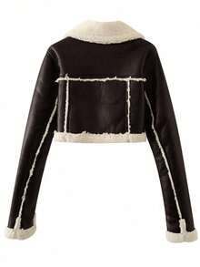 Apperloth A Áo khoác da PU ngắn kiểu dáng đường phố, cổ bẻ, tay áo khóa kéo, lót lông cừu, thích hợp cho nữ mùa Thu/Đông. - màu nâu - Xem 2