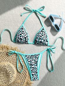 女式露背豹纹拼接比基尼上衣和下装休闲套装夏季 - 藍白色 - 查看 3