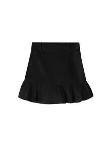 女式休闲拼布荷叶边下摆牛仔迷你裙 - 碳黑色 - 查看 7