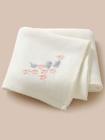 1 st stickad babyfilt med broderi, söt design för spädbarn, avslappnad och enkel, lämplig för alla årstider