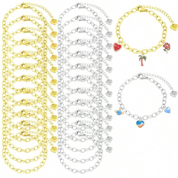 Set de 10 piezas Pulsera con colgante con forma de corazón, juego de joyería de acero inoxidable ajustable con cierre de langosta, para hacer manualidades de joyería