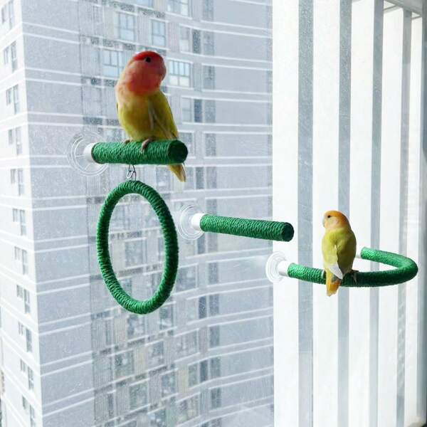 1pc Multifunction Green Macrame Parrot Swing Stand, Suction Cup Mountable On Glass Or Cage, Sturdy Parrot Perch Gym With Ring Swing Toy, Comfortable Grip Bird Cage Accessory