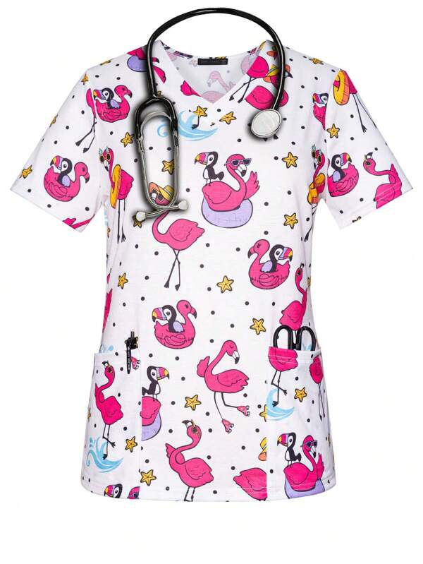 Women's Flamingo Polka Dotes Print Spring & Summer V-Neck Scrub Short Sleeve Nurse Uniform Tops With Pockets For Women