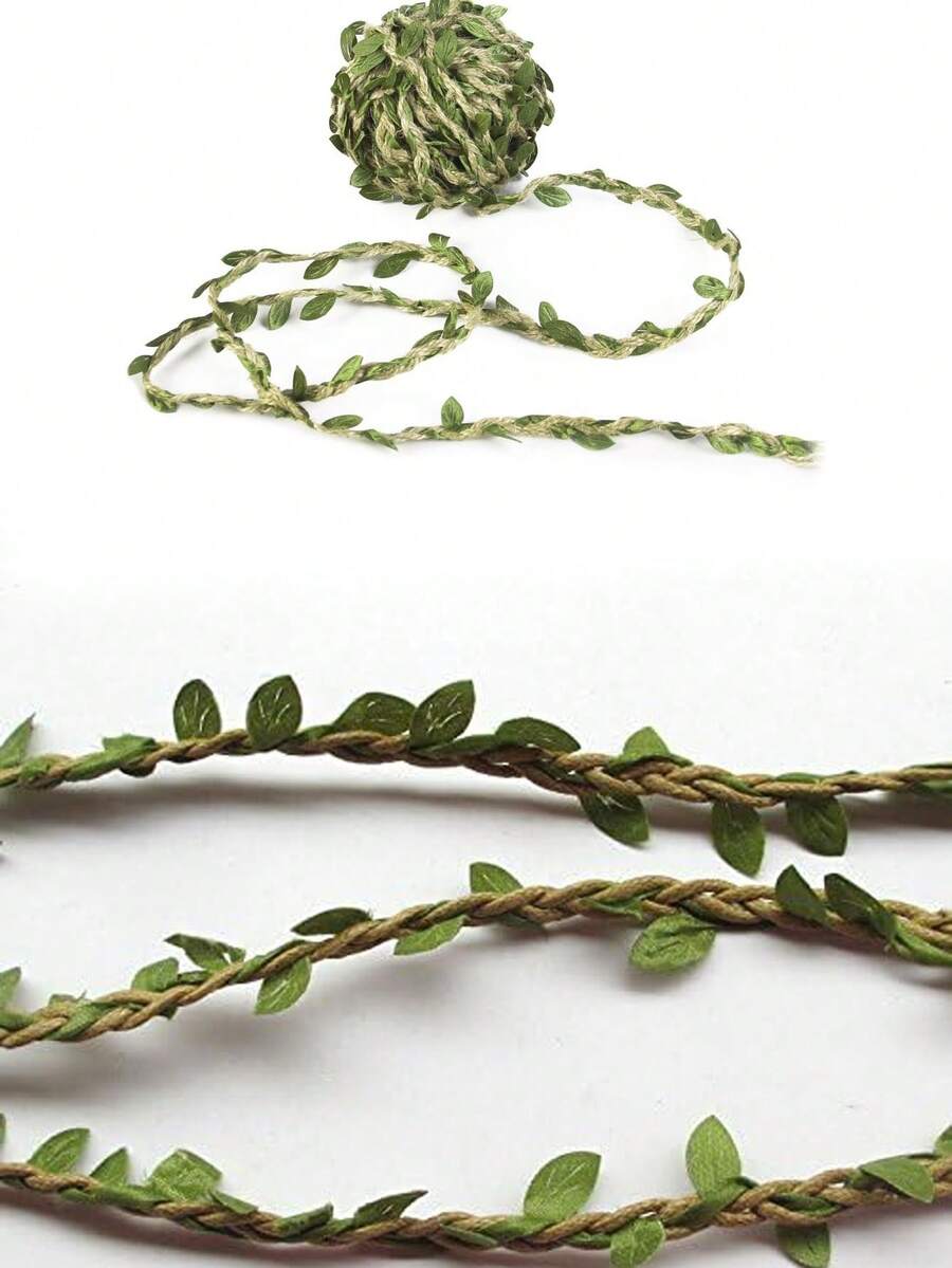 1roll-300cm/118in- Natural Jute Twine, Burlap Leaf Ribbon With Artificial Vine Green Leaves For Wedding Home Garden Jungle Party Decorations,Christmas - Green - View 1