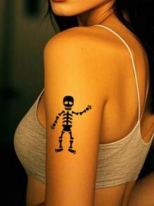 2 张万圣节纹身模板，骷髅头魔术帽类模板可重复使用的身体模板，闪光喷枪 DIY 纹身模板，适合女性女孩身体艺术自粘模板派对礼物 - 黑色 - 查看 4