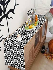 1pc/100pcs 35*180cm Halloween Spider Web Printed Polyester Tablecover - Black & White Check Design, Spider & Web Interwoven, Suitable For Halloween Party, Home Gathering, Dinner Table Decor, Classic Black & White Tone