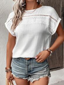 Summer Linen Feel Drop Shoulder Short Sleeve Hollow Lace Patchwork Casual Loose Blouse For Women