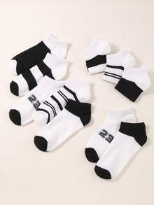 10 双儿童青少年条纹黑白短袜，字母印花 23 低帮袜，非常适合返校礼物、跑步运动旅行袜 - 黑與白 - 查看 2