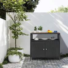 Mobiletto in vimini per esterni, mobile buffet impermeabile e resistente alle intemperie, tavolo da bar per patio con due ante e ripiani, credenza in vimini per cucina da giardino e piscina
