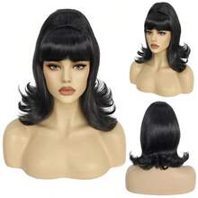 M+ Hair Cap Black Bob Wig For Women Cosplay Short Beehive Flip Wig With Bangs 60s Women Sythetic Styled Hair For Halloween Costume Party7001 - 黑色 - 查看 5