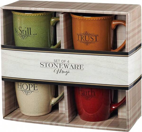 Set Of Four Rustic Stoneware Coffee/Tea Mugs W/Bible Verses Sage Green, Ivory, Paprika Red, Pumpkin Orange Inspirational Coffee/Tea Cup For Men And Women,6577380