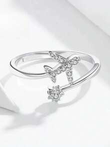 1pc Crystal Embellished Adjustable Airplane & Star Design Ring, Chic & Delicate - Silver - View 3
