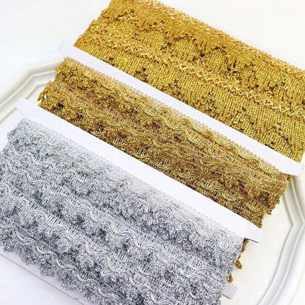 Kit di accessori eleganti per decorazioni da sposa, con nastrini in poliestere, fiocchi e pizzi dorati di vari colori, adatti per accessori di abbigliamento, lunghezza 5 m