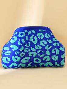 Leopard Print Clutch Bag, Contrast Color Knitted Wristlet, Spacious And Stylish Handbag