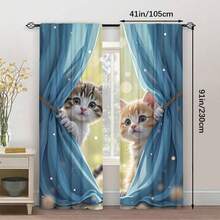 2 件可爱小猫窗帘 - 俏皮猫咪设计，蓝色窗帘和闪烁灯光，耐用涤纶面料，半透明，适用于客厅或卧室装饰（不含杆），卧室窗帘 | 猫咪主题装饰 | 杆袋风格，客厅窗帘 - 彩色 - 查看 2