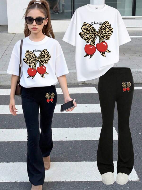 Set de 2 piezas de pantalón de campana con manga corta y estampado de leopardo y cereza para adolescentes, conjunto informal de verano
