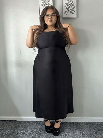 Hourglow Đầm Emily_louise_swain cỡ lớn dành cho nữ, màu trơn, xếp ly eo, dáng xòe, dây mảnh, đầm bán formal, đầm dự tiệc trà thanh lịch, đầm dài thướt tha kiểu du lịch, đầm đen, đầm tốt nghiệp, đầm sinh nhật cho nữ, dành cho dáng người đồng hồ cát, đầm mùa hè.