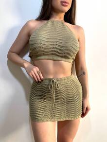 TRICOT PREMIUM Crochet Top Skirt Set Beach Casual Knitwear Beachwear Beach Vacation - 米色 - 查看 3