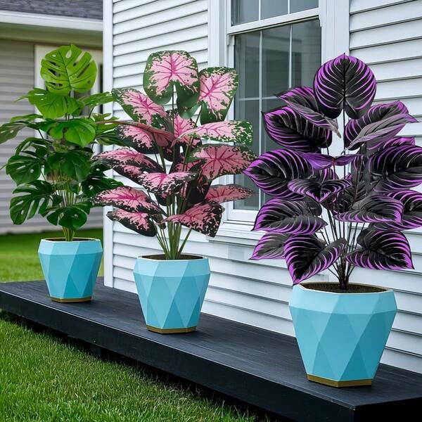 3 قطع مجموعة نباتات اصطناعية كبيرة، مجموعة نباتات مزيفة واقعية مع نباتات بنفسجية ونباتات مونستيرا وأوراق وردية للديكور المنزلي والحديقة والفناء | نباتات خضراء مزيفة لجميع المواسم، نبات اصطناعي للخارج، مثالي للمكتب والزفاف والديكور الكريسماسي والديكور المنزلي والحديقة (بدون أصيص)