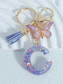 Sparkling Purple Mixed Snowflake Sequins, 26 Capital English Letters, Paired With Golden Patterned Butterflies And Purple Leather Tassels, 18kc Gold Lobster Buckle Flat Ring Chain Three Pieces Keychain Set, Suitable For Luggage Hanging Accessories, Car Hanging Accessories, Key Hanging Accessories, Mobile Phone Hanging Accessories, Clothing Hanging Accessories, As A Birthday Gift For Friends, Couples, And Mothers, Suitable For Both Men And Women - Purple - View 18