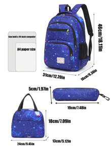 3 Pieces Set Of Dark Blue Starry Sky Print School Bag Backpack With Stationery Bag Lunch Bag, Large Capacity Waterproof Lightweight Backpack, Casual And Convenient Travel Backpack, Can Accommodate 15.6-Inch Laptop, Suitable For Elementary School Students, Junior High School Students, High School Students, College Students, Back To School Gifts For Grandchildren And Sons