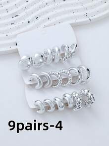 Bộ 3/9 đôi hoa tai hình giọt nước cổ điển đa năng phóng đại hình học, kết cấu dây xoắn hình chữ C, thích hợp cho hàng ngày, tiệc tùng, quà tặng - Bạc - Xem 10