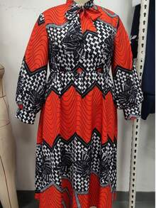 Casual Long Sleeve Printed Patchwork Simple Dress, Suitable For Daily Wear - Multicolor - View 3