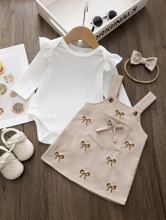 3Pcs/Set Baby Girl Cute Knit Scoop Neck Drop Shoulder Long Sleeve Bodysuit, Pinafore Dress, And Bow Embroidered Vest With Headband