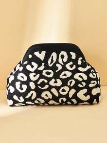 Leopard Print Clutch Bag, Contrast Color Knitted Wristlet, Spacious And Stylish Handbag