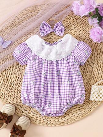 可爱女婴紫色格子花卉印花连体衣，俏皮可爱，婴儿最佳礼物