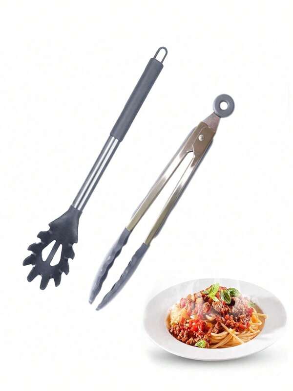 2 STÜCK Pastaservierset (Löffel & Zange), Edelstahl Küchenhelfer zum Kochen, Servieren, Abgießen von Pasta - ideal für die Heimküche, Familie