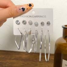 6 对超大 C 形装饰耳环，时尚百搭大圈耳环套装，个性化珠宝批发 - 銀色 - 查看 3