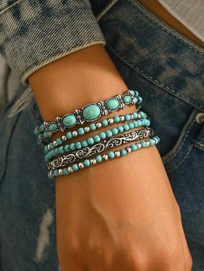 5pcs/Set Vintage Western Style Turquoise Beaded Stretch Bracelet Set, Unisex Casual Everyday Wear