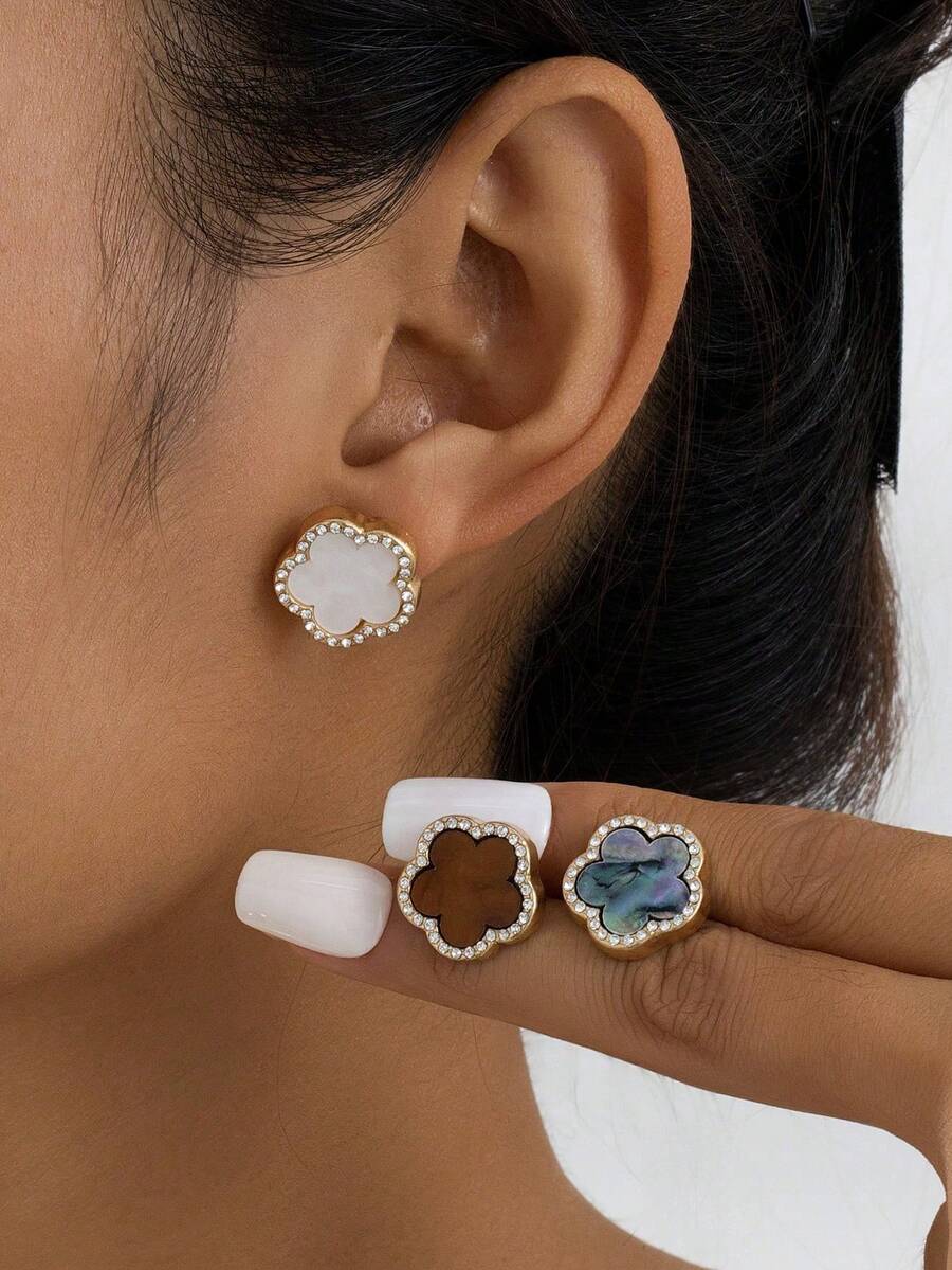 3pcs/Set Delicate Rhinestone Clover Earrings, Elegant For Party - Multicolor - View 1