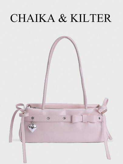 CHAIKA & KILTER 女士纯色PU皮革单肩包，复古时尚法棍包款式，双提手设计，拉链封口，肩带装饰，可拆卸可调节肩带，可单肩背或斜挎，适合日常及户外使用。