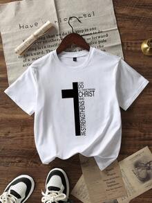 Tween Boy Casual Printed White Round Neck Pullover Short Sleeve T-Shirt, Summer Top