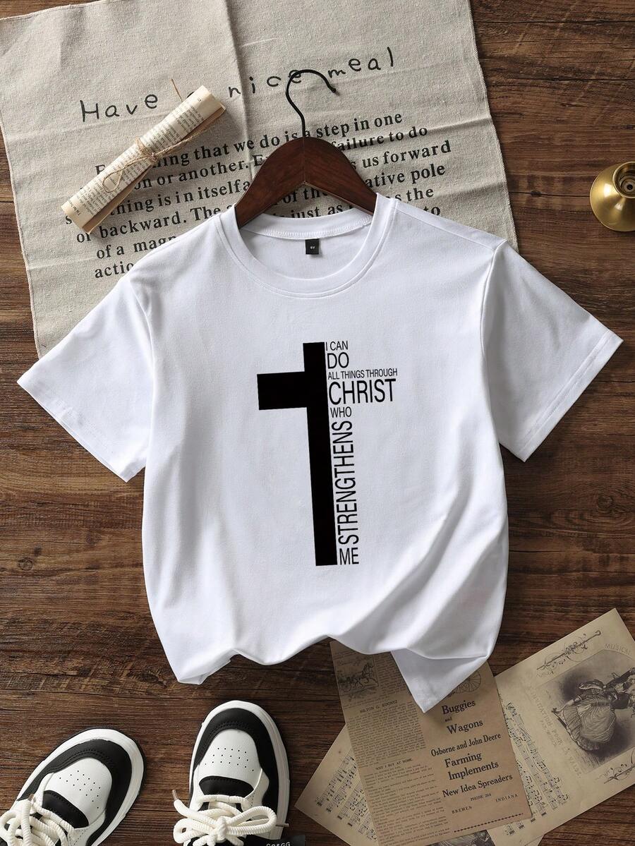 Tween Boy Casual Printed White Round Neck Pullover Short Sleeve T-Shirt, Summer Top