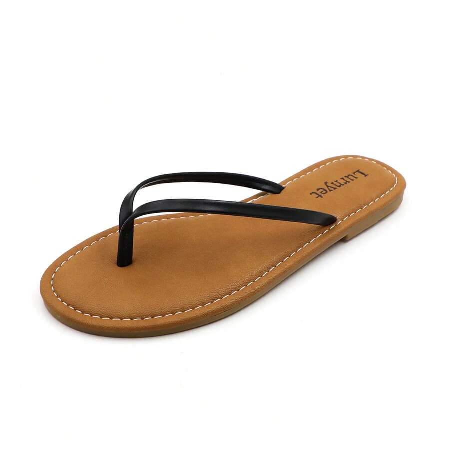 Women's Classic Flip Flops, Straps With Tan Footbed, Casual Beach Sandals: Stylish Design, Non-Slip Rubber Sole, Latex Insole For Comfort, Perfect For Shopping, Parties, And Casual Outings  Beach    Casual    Polyester    Plain / Plain Toe    Beach  Vacation - 黑色 - 查看 1