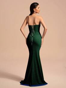 Romantic Ruffle Trim Slit Thigh Glitter Strapless Maxi Dress - Dark Green - View 2