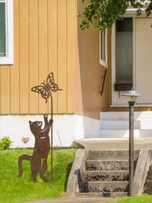 1 pieza Estaca de metal oxidado con forma de gato para el jardín, decoración de gato de metal envejecido para exteriores, ornamento para el patio o el césped para amantes de los gatos