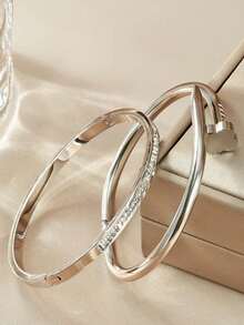 2 Stücke/Set Boho Stil Edelstahl vergoldet Glücksklee, Herz & Stern Armreif Set, 18K Beschichtung mit Strass - perfekt für Einkaufen, Kostümpartys und romantische Dates, Geschenk