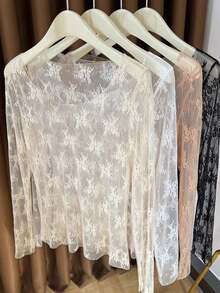 Damen Große Größen Spitze einfarbig Rundhals lässiges Unterwäsche Top, transparente leichte Mesh Pullover Bluse, elegant für Frühling Herbst Winter