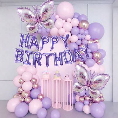 Bộ 13/86 bóng bay sinh nhật màu tím 16 inch, bóng bay lá bướm lớn & bóng bay cao su màu tím hồng thích hợp cho tiệc sinh nhật, trang trí theo chủ đề bướm